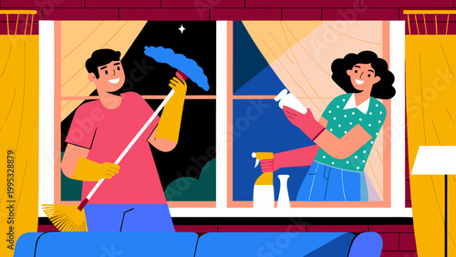 Couple spring cleaning their home together, man using a mop while woman sprays cleaner, bright interior with large windows and colorful curtains visible