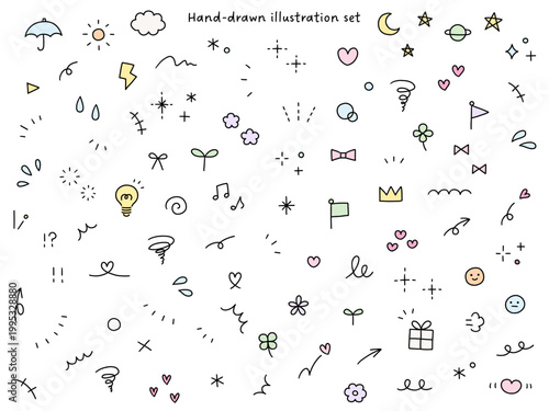 手書きの飾りイラストのベクターイラストセット。手描き、集中線、花、落書き、ハート、星