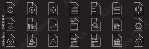 Legal documents icon set. Editable line icons. Vector illustration. Contract signing icon set. Compliance Check Icon Set. Minimalist document icon set with checkmark, approved paper file vector symbol