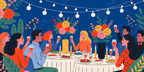 Outdoor garden wedding reception scene featuring diverse guests celebrating with drinks, surrounded by colorful floral arrangements and string lights illuminating the evening atmosphere