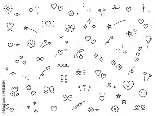 手書きの飾りイラストのベクターイラストセット。手描き、集中線、リボン、落書き、ハート、星