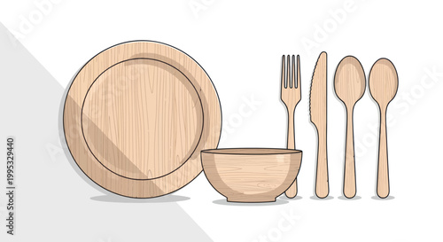 Wooden Plate, Bowl, Fork, Knife, Spoons Set - Eco-Friendly Tableware Illustration