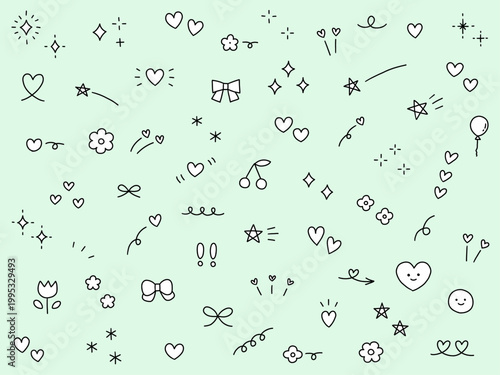 手書きの飾りイラストのベクターイラストセット。手描き、集中線、リボン、落書き、ハート、星