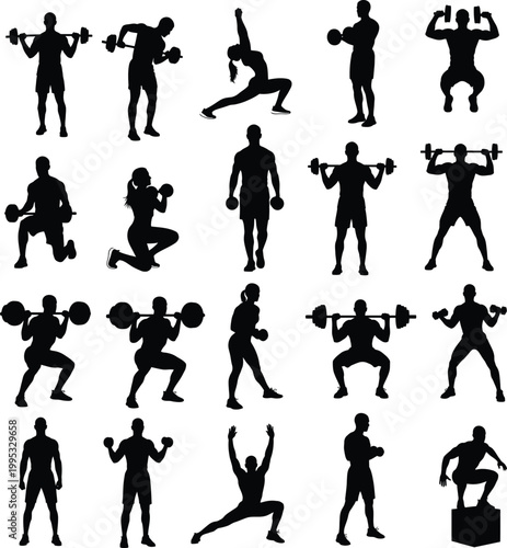 Fitness silhouettes of people weightlifting and exercising with dumbbells and barbells, silhouette