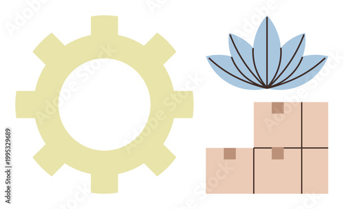 Industrial processes, nature balance, eco-friendly production, logistics, supply chain, manufacturing. Yellow gear, blue lotus flower cardboard boxes. Industrial processes and nature balance