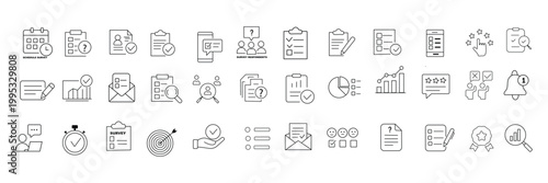 Survey icon. Including data collection, product, customers, satisfaction, reporting, social media. Solid vector icons collection