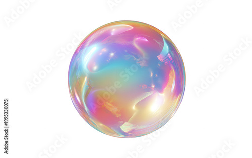 Une bulle irisée aux reflets arc-en-ciel multicolores flottant délicatement sur un fond blanc pur, symbolisant la légèreté et la magie.