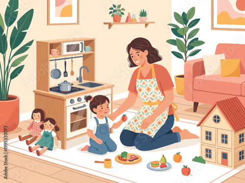 Woman teaches children cooking in living room with toy kitchen and house