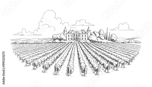Estate vineyard landscape with manor house and rolling hills chateau