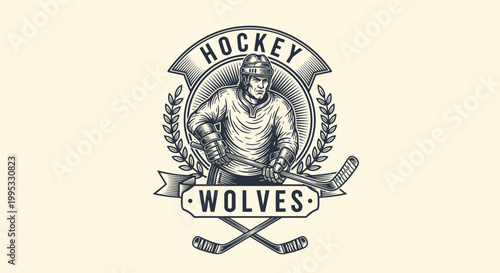 Hockey player with wolf team logo.