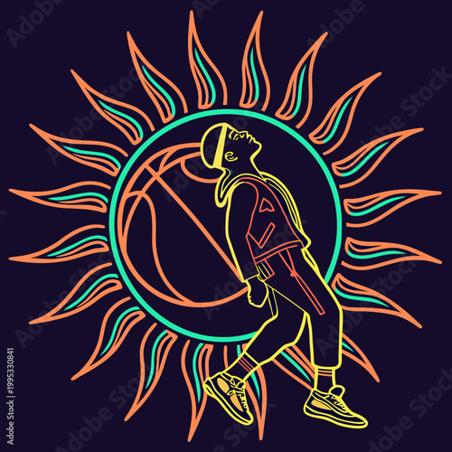 Male dancer with basketball and sun in background.