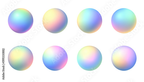 Huit sphères abstraites avec un dégradé pastel irisé et doux, créant un effet holographique sur un fond blanc pur.