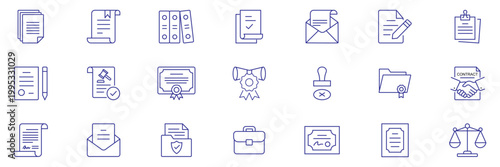 Legal documents set icons in line style. Document linear icons collection. Includes law certificate, license, mail, message, regulation, Agreements, Contracts, Certificates,Official Papers and others.