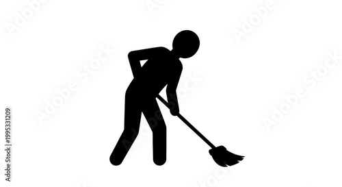 Silhouette of Person Sweeping with Broom.