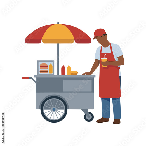 Man selling food from a colorful cart on a street corner outdoors