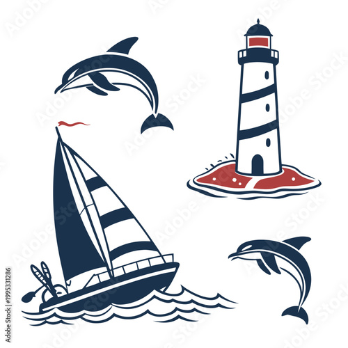A nautical-themed vector graphic featuring a sailboat, lighthouse, and dolphins in a minimalist design style.