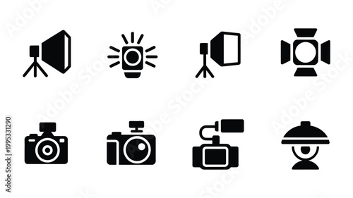 Minimalist icon set of studio lighting equipment for photography vector illustration lighting gear collection