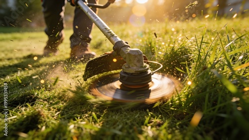 Closeup of a grass trimmer cutting green lawn in golden sunlight, with flying clippings and motion blur. Garden maintenance, landscaping and yard care concept
