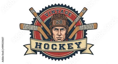 Vintage hockey logo with helmet and sticks.
