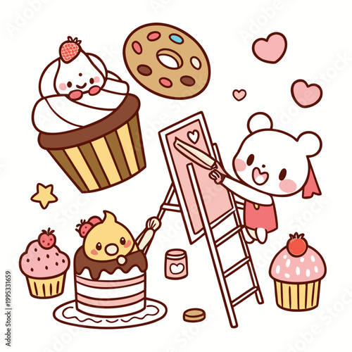 A charming illustration depicts a bear artist painting surrounded by delectable sweets like cupcakes donuts and heart shaped treats high quality professional