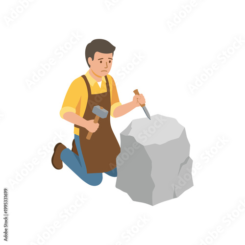 A man in an apron is chiseling a large stone with a hammer and chisel.