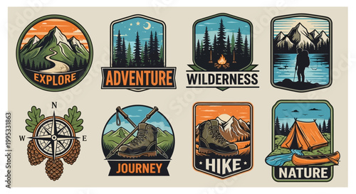 Collection of outdoor adventure travel stickers.