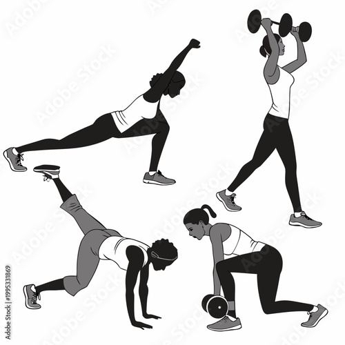 A dynamic illustration showcases a woman performing various strength training exercises including lunges squats and dumbbell lifts high quality professional detailed modern