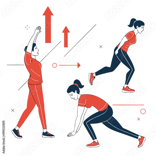 A minimalist illustration depicts a woman progressing through stages of a lunge exercise with directional arrows indicating movement and force high quality