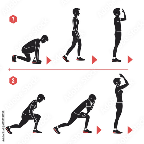 A visual guide demonstrates the proper form for performing burpees a full body exercise through a series of six distinct stages