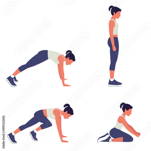 A visual guide demonstrates a woman performing a series of push up variations showcasing proper form and exercise progression high quality professional