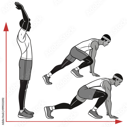A detailed illustration depicts a man performing a dynamic stretching exercise showcasing three stages of a lunge progression high quality professional modern