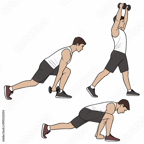 A graphic illustration depicts a man performing a dumbbell lunging exercise showcasing both starting and mid movement positions high quality professional detailed