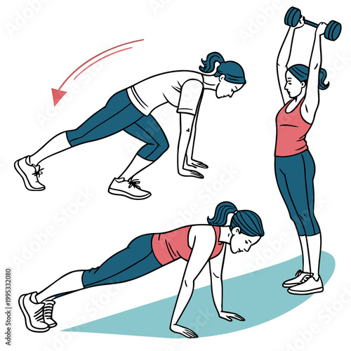 A detailed illustration showcases a woman performing a dynamic exercise sequence including lunges planks and dumbbell overhead presses high quality professional modern