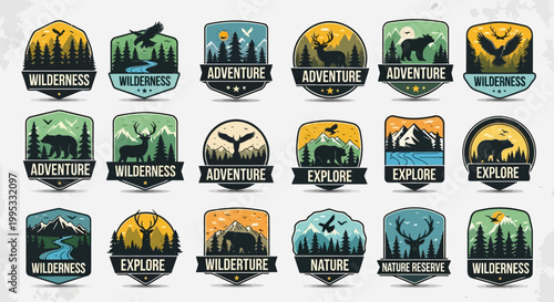 Collection of wilderness and adventure badges.