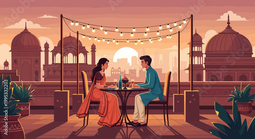 Couple enjoys romantic rooftop dinner with festive lights