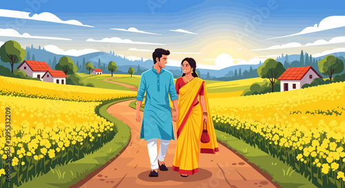 Happy Indian couple strolling hand in hand wearing traditional clothes