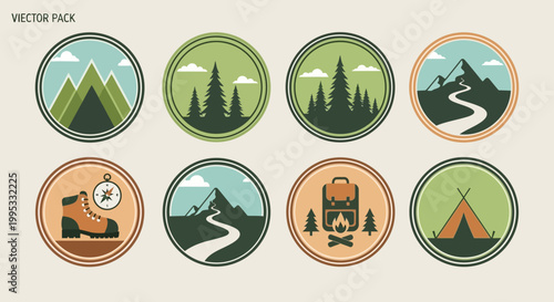 Vector icons of outdoor adventure travel.