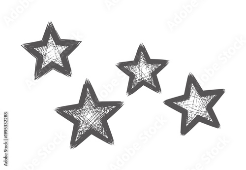 Four dark grey sketched stars with scribbled fill white