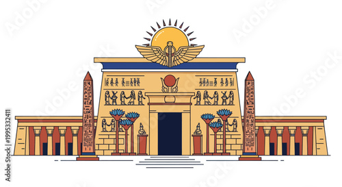 Cuadro en lienzo Ancient Egyptian Temple Facade with Hieroglyphs, Obelisks, and Sun Symbol