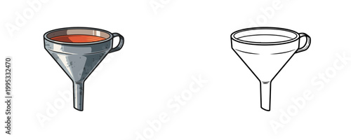 Industrial metal funnel illustrations in flat gray and black line style with orange liquid used for pouring oil or automotive fluids into engines on white background