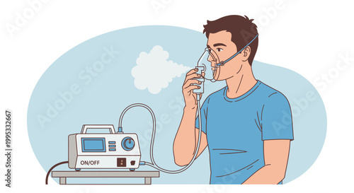 Medical oxygen inhaler, nebulizer machine, asthma treatment, healthcare vector illustration, respiratory care