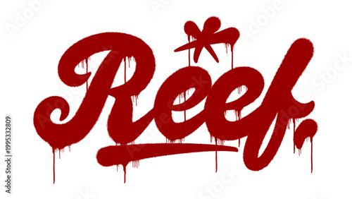 Hand style graffiti tag illustration of the word Reef in red. Urban street art representing coral formations, marine life, and underwater nature landscapes.