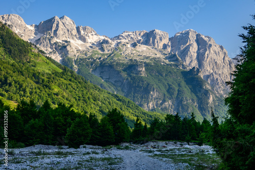 Towering snow-capped mountain peaks rise above vast, densely forested green slopes, contrasting with a grey rocky riverbed under a bright blue sky in Valbona Valley, Albania.