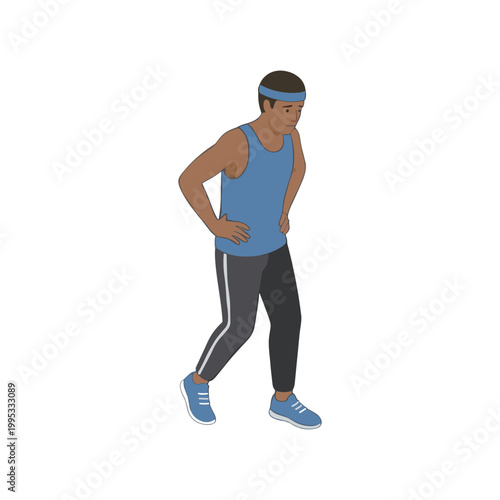 A man in a blue tank top and headband is jogging outdoors.