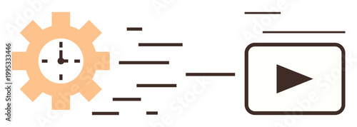 Workflow automation, time management, productivity tools, video creation, process optimization, and digital solutions. Gear with clock moving towards a play button. Workflow automation and time