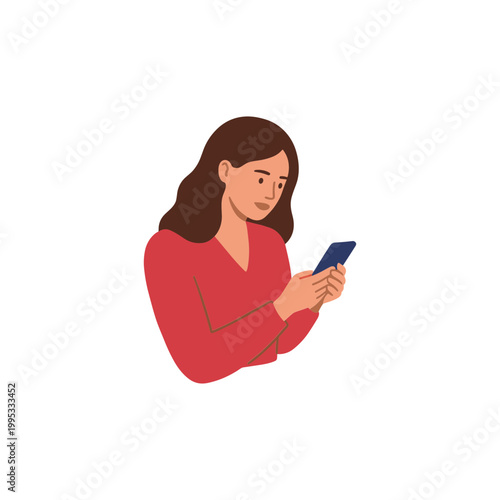 Woman looks at her smartphone with a curious expression indoors.