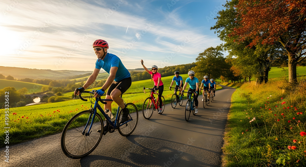 Fototapeta premium A group of diverse cyclists riding road bikes on a rural paved road through scenic rolling green hills during a vibrant sunset light