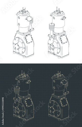 Industrial air compressor isometric technical drawings