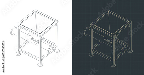 Hopper with screw conveyor isometric technical drawings