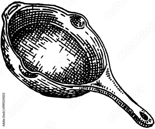 Vintage frying pan top view hand drawn engraving kitchen cookware illustration